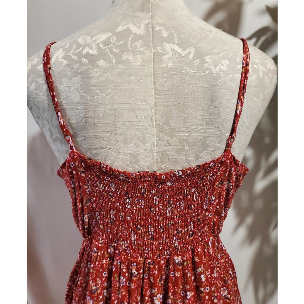 Vtg 90s Y2K Justify Floral Smocked Button Dress Junior Sz L Red Cottage Pockets - Picture 7 of 12